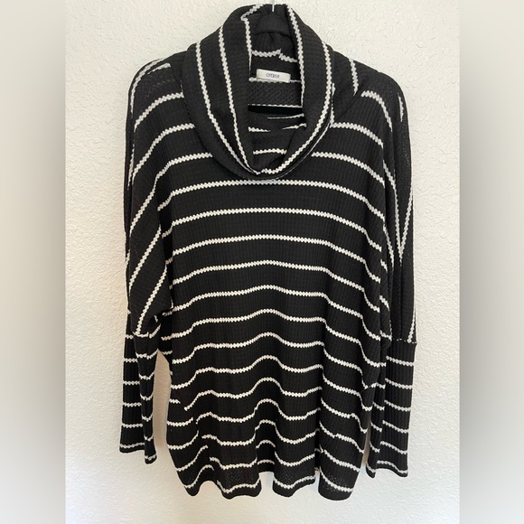 Black and White Chevron Print Green Stripe Turtleneck Sweater